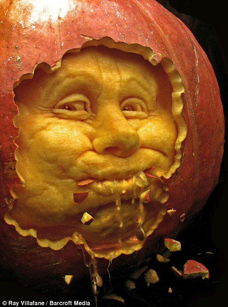 This Halloween character looks like he has bit off more pumpkin pie than he can chew judging by his full face 