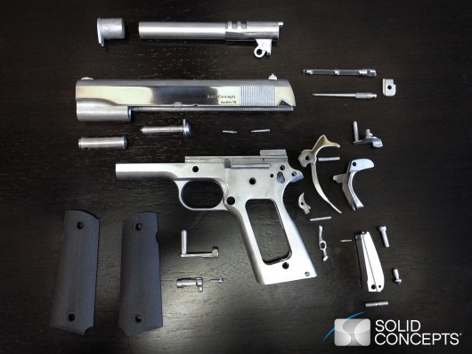 The disassembled Model 1911 45ACP showing its 3D-printed parts (Image: Solid Concepts)